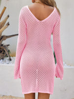 Saodimallsu Womens Crochet Swimsuit Coverup Summer Sexy V Neck Long Bell Sleeve Mesh Knit Bikini Cover Ups Beach Dresses