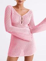 Saodimallsu Womens Crochet Swimsuit Coverup Summer Sexy V Neck Long Bell Sleeve Mesh Knit Bikini Cover Ups Beach Dresses