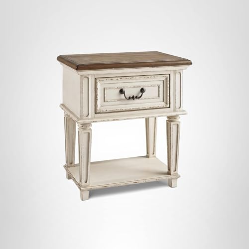 Signature Design by Ashley Realyn Traditional Cottage 1 Drawer Nightstand with Dovetail Construction & Open Display Shelf, Chipped White, 27" Tall, Distressed Brown