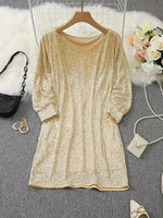 Vibrant Bodycon V-Neck Long Sleeve Sequin Dress - Shimmering Contrast Details, Mid-Elastic Polyester Fabric, Sexy Party Wear For Women - All-Season, No Sheer, Knit Fabric Construction