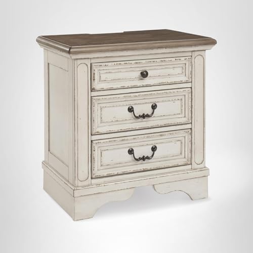 Signature Design by Ashley Realyn Traditional Cottage 1 Drawer Nightstand with Dovetail Construction & Open Display Shelf, Chipped White, 27" Tall, Distressed Brown