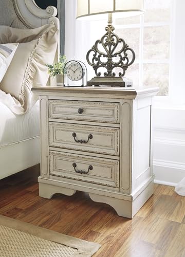 Signature Design by Ashley Realyn Traditional Cottage 1 Drawer Nightstand with Dovetail Construction & Open Display Shelf, Chipped White, 27" Tall, Distressed Brown