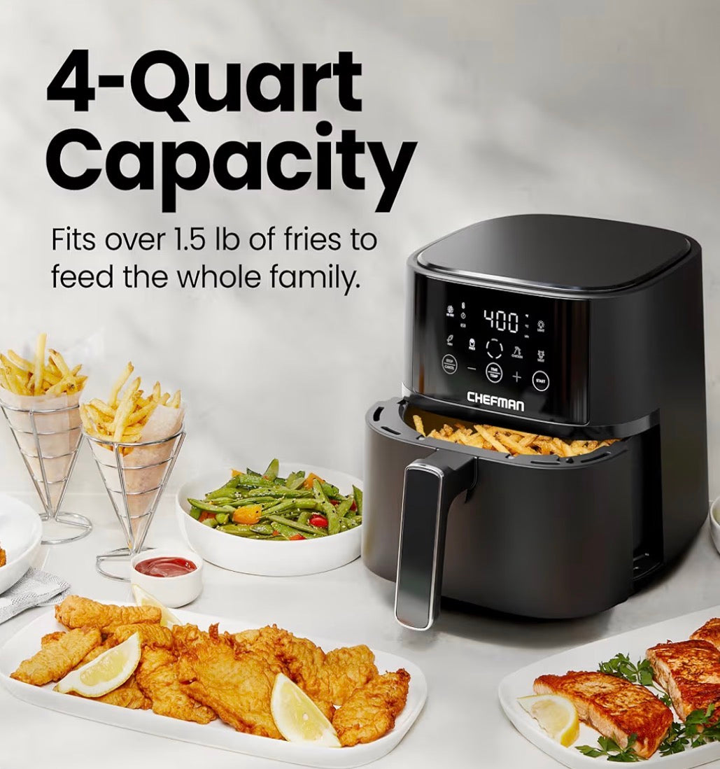 Chefman Air Fryer – 4 QT Compact Airfryer for Quick & Easy Meals in Minutes, Features Hi-Fry Technology for Extra Crisp, Touchscreen Controls with 4 Presets, Nonstick & Dishwasher Safe Basket - Black