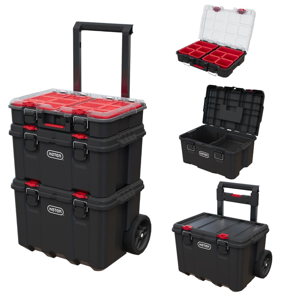 Keter Stack-n-Roll 3-Piece Rolling Tool Storage System – Includes Dolly, Tool Box & Deep Power Tool Case | Modular Mobile Tool Organizer | Stackable Design for Garage, Jobsite & Workshop