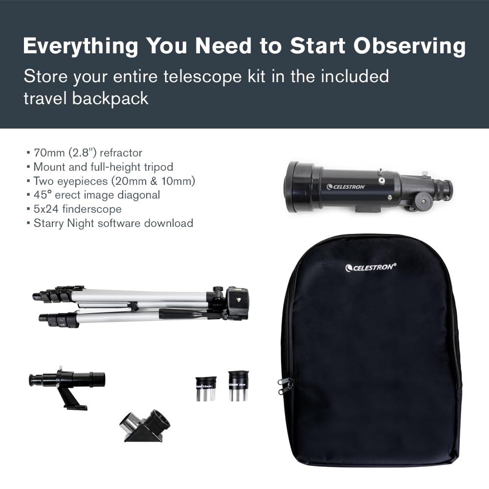 Celestron Travel Scope 70 Portable Refractor Telescope – 70mm Aperture, Fully-Coated Glass Optics – Includes Tripod, Backpack & Software – Ideal for Beginners & Travel