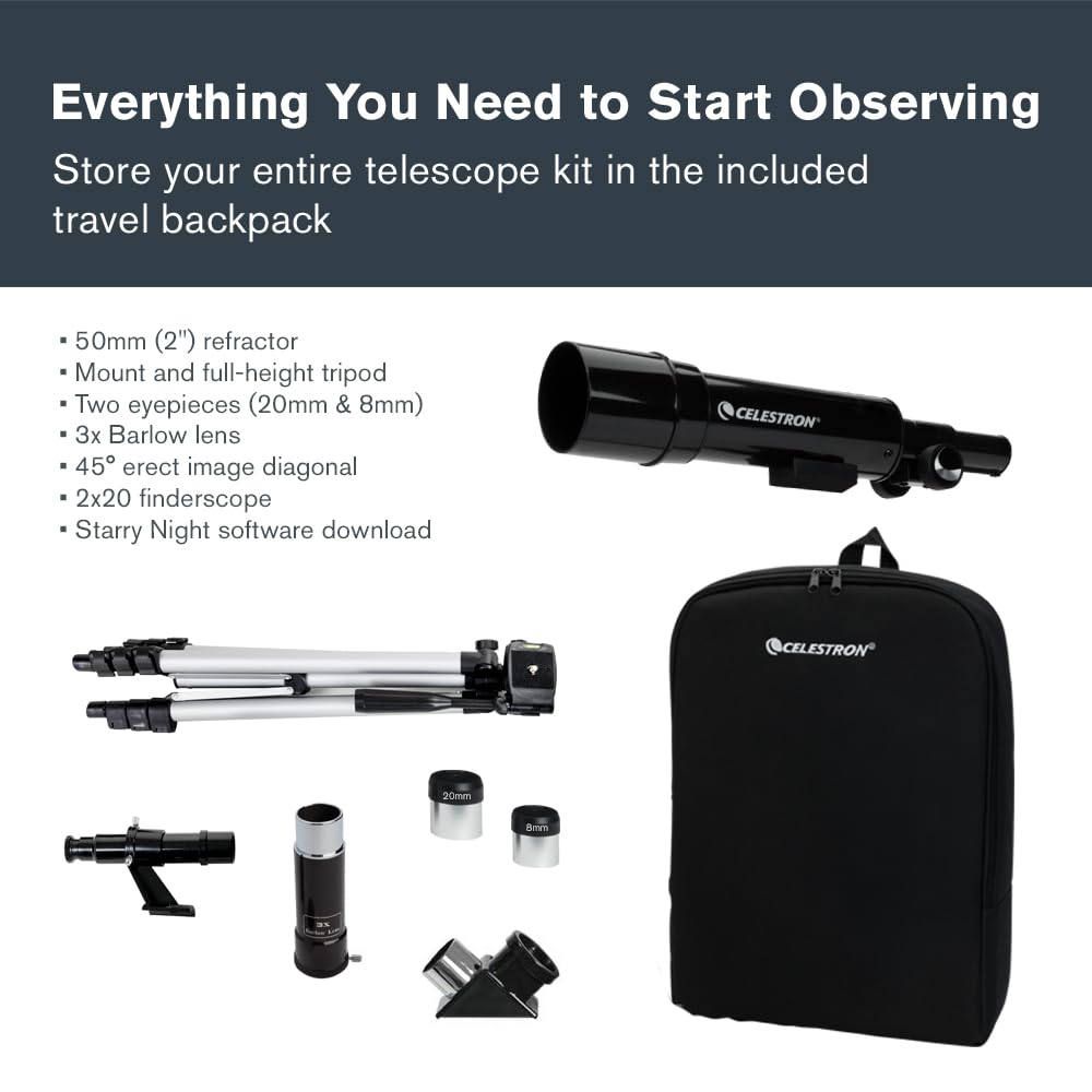 Celestron Travel Scope 50 Portable Refractor Telescope – 50mm Aperture, Fully-Coated Glass Optics – Includes Tripod, Backpack & Software – Ideal for Beginners & Travel