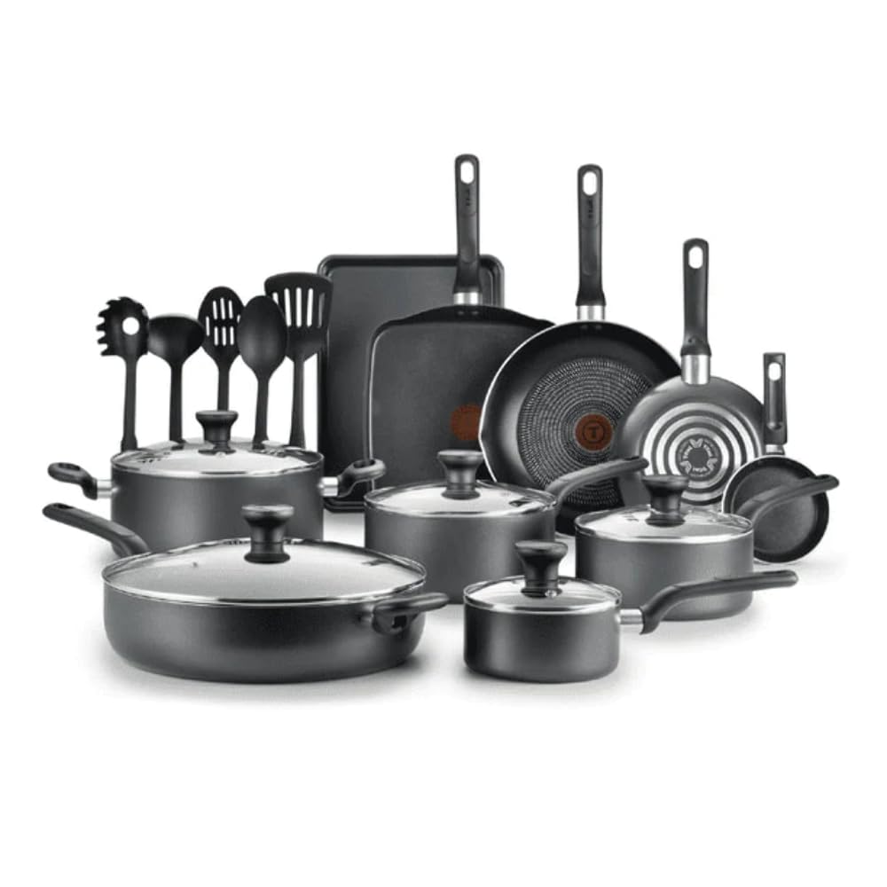 T-fal Easy Care Nonstick Cookware, 20 Piece Set, Grey, Dishwasher Safe pots and pans non stick cooking pot Gray United States New