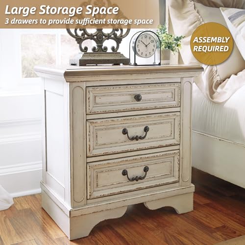 Signature Design by Ashley Realyn Traditional Cottage 1 Drawer Nightstand with Dovetail Construction & Open Display Shelf, Chipped White, 27" Tall, Distressed Brown