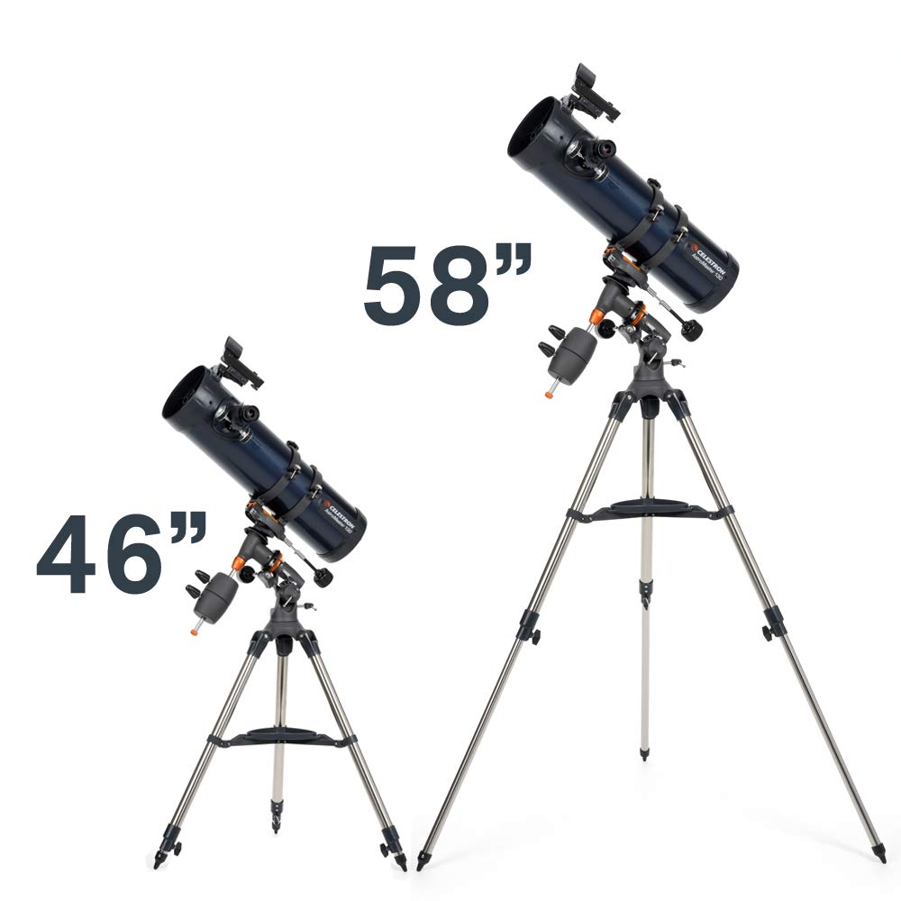 Celestron – AstroMaster 130EQ Newtonian Telescope – Manual Reflector for Beginners – Aluminized Mirror – Adjustable-Height Tripod – Includes Accessories Plus Astronomy Software Package