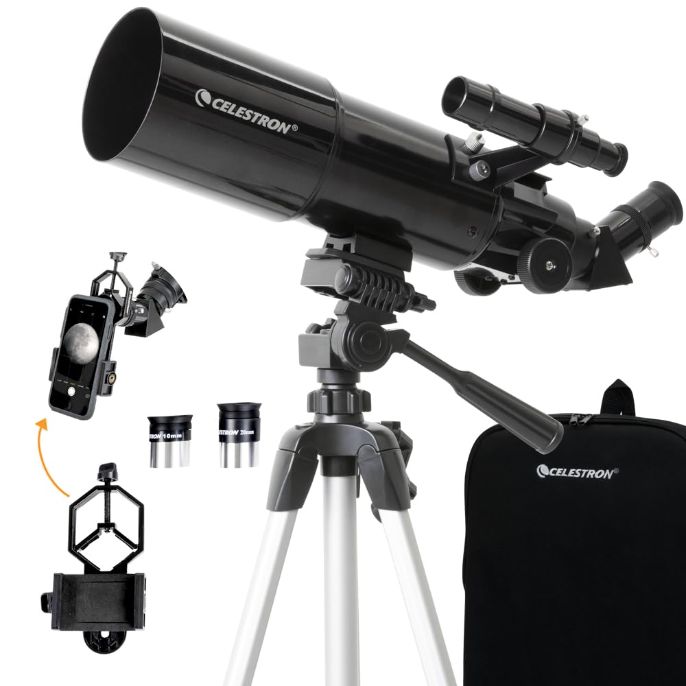 Celestron Travel Scope 80 Portable Refractor Telescope – 80mm Aperture, Fully-Coated Glass Optics – Includes Tripod, Smartphone Adapter, Backpack & Software – Ideal for Beginners & Travel