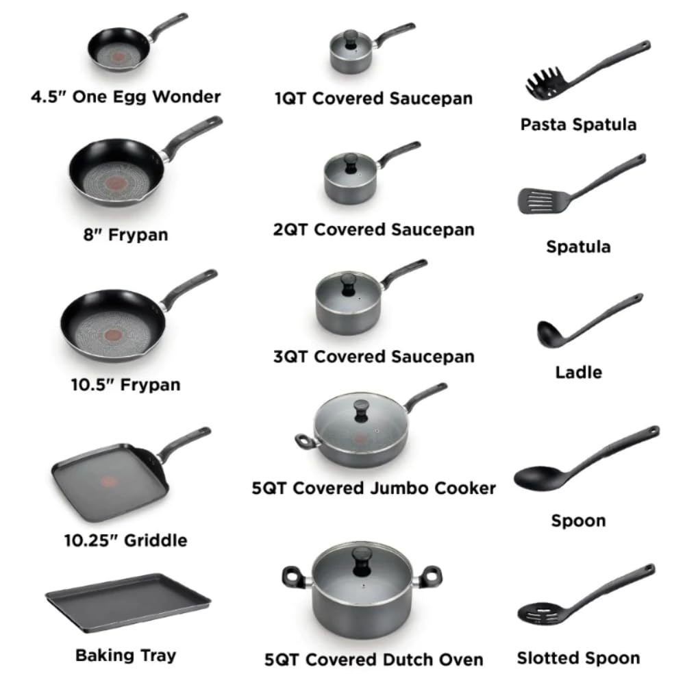 T-fal Easy Care Nonstick Cookware, 20 Piece Set, Grey, Dishwasher Safe pots and pans non stick cooking pot Gray United States New