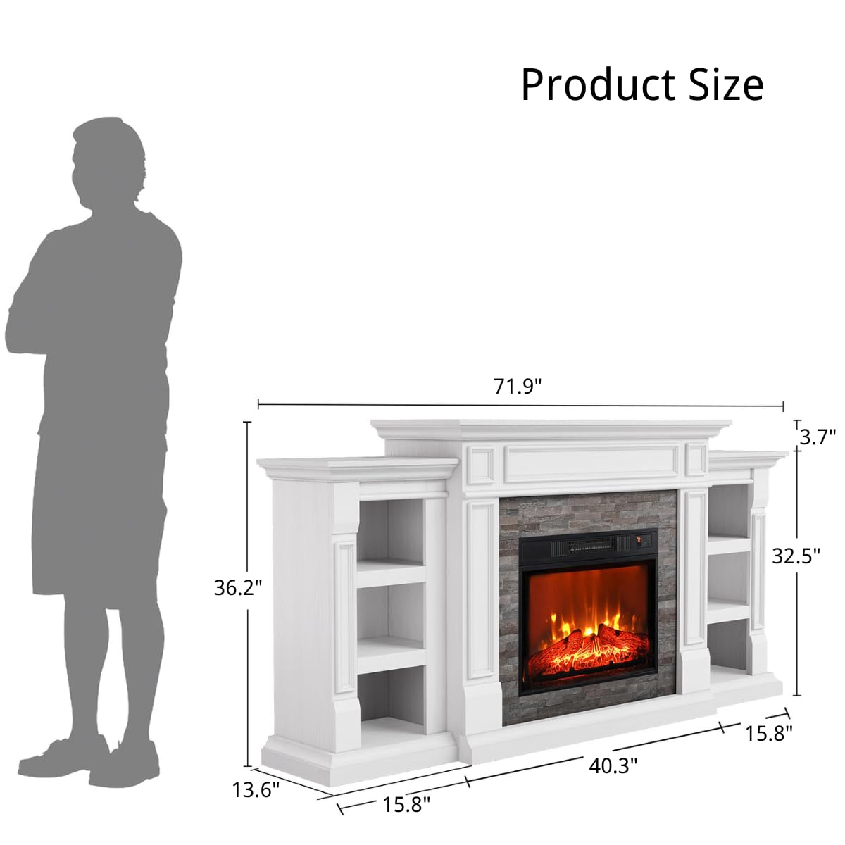 Naice 72" Electric Fireplace with Mantel and Cabinets, Fireplace TV Stand for Living Room Bedroom, Stacked Stone Surround and Remote Control 3D Realistic Flame, Black