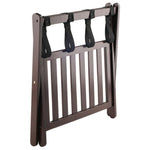 Furnifact Solid Wood Luggage Rack for Guest Room with Foldable Design, Lower Shoe Shelf, Thick Nylon Straps, and Cappuccino Finish, Elegant Suitcase Stand