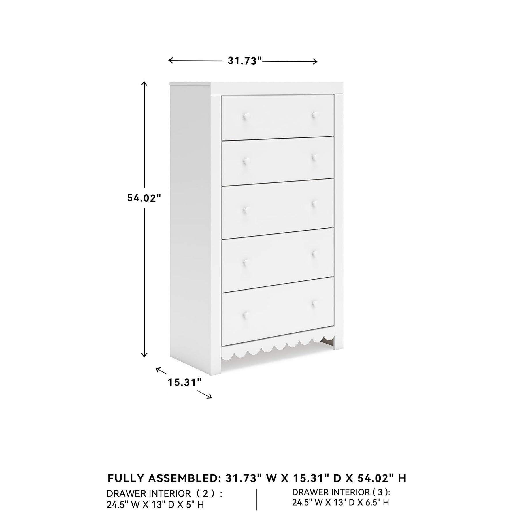 Signature Design by Ashley Cayboni Vintage 5 Drawer Wide Chest with Safety Stop for Bedroom, White