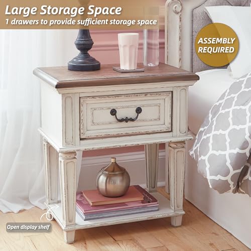 Signature Design by Ashley Realyn Traditional Cottage 1 Drawer Nightstand with Dovetail Construction & Open Display Shelf, Chipped White, 27" Tall, Distressed Brown