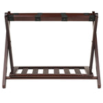 Furnifact Solid Wood Luggage Rack for Guest Room with Foldable Design, Lower Shoe Shelf, Thick Nylon Straps, and Cappuccino Finish, Elegant Suitcase Stand