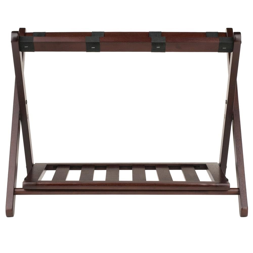 Furnifact Solid Wood Luggage Rack for Guest Room with Foldable Design, Lower Shoe Shelf, Thick Nylon Straps, and Cappuccino Finish, Elegant Suitcase Stand