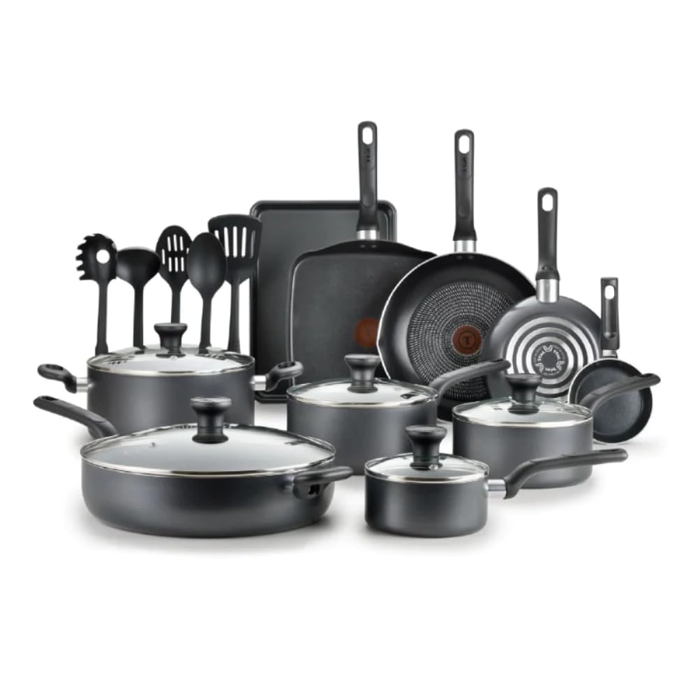 T-fal Easy Care Nonstick Cookware, 20 Piece Set, Grey, Dishwasher Safe pots and pans non stick cooking pot Gray United States New