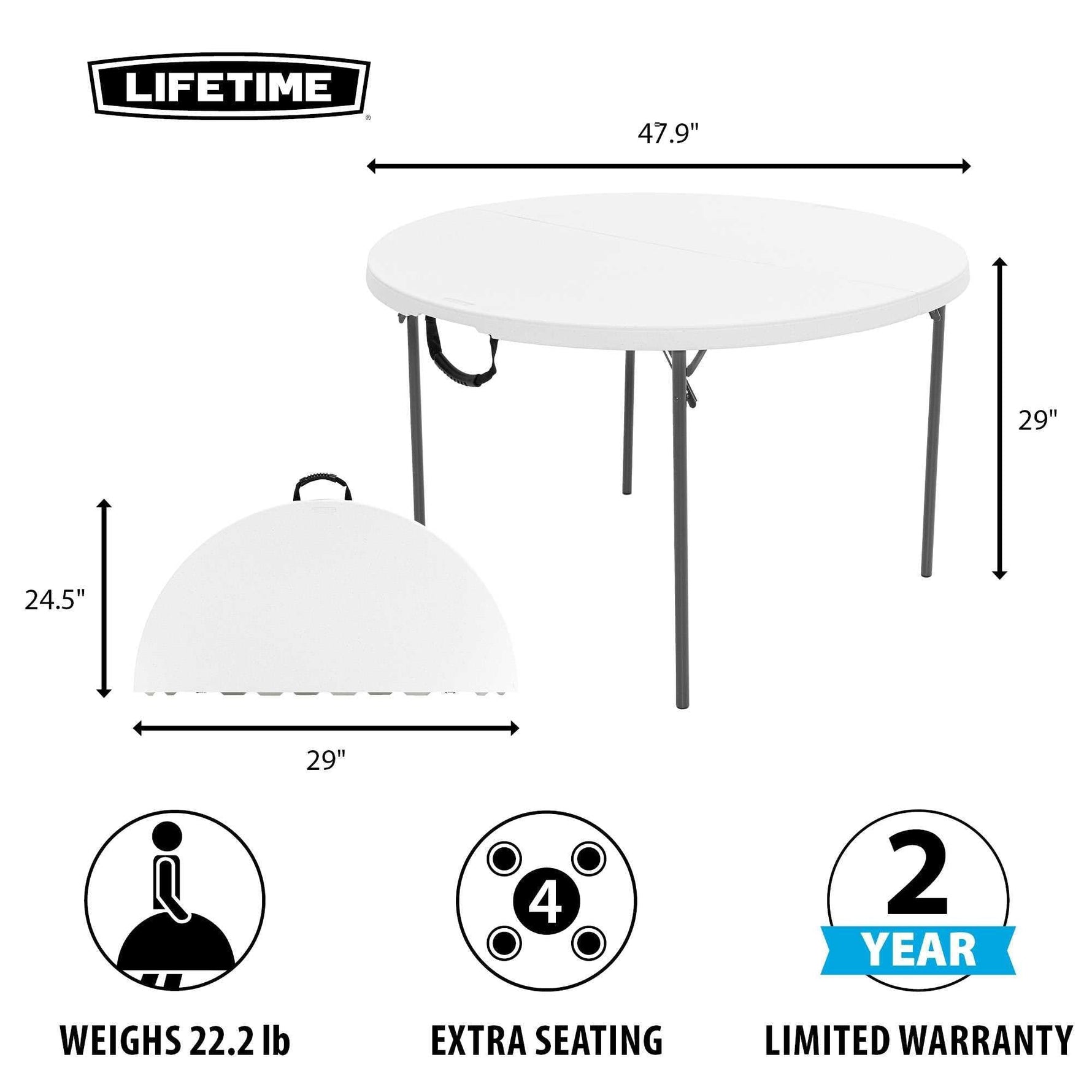 LIFETIME Light Commercial Fold-in-Half Round Table, 4-Foot