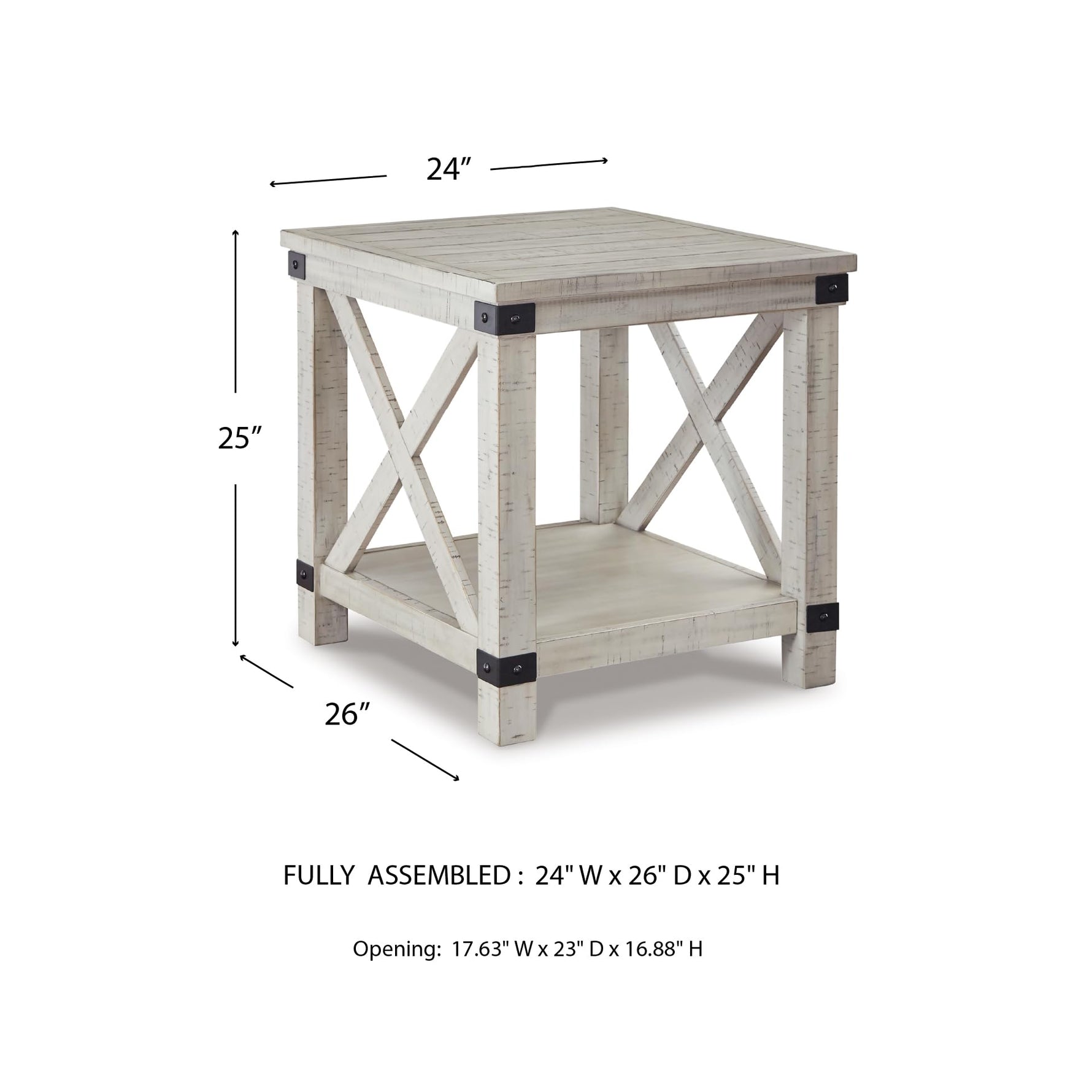 Signature Design by Ashley Aldwin Casual Farmhouse Rectangular End Table with Crossbuck Details, Metal Bracket Accents, Wood, 25" High, Weathered Gray