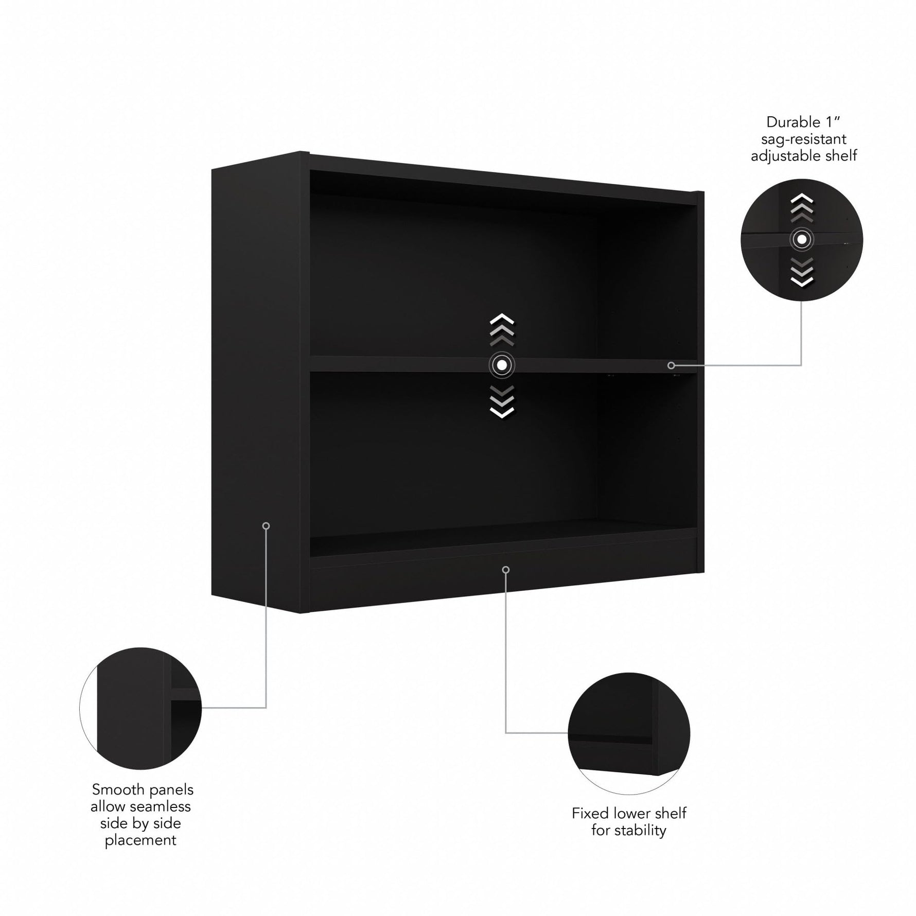 Bush Home Universal Small 2 Shelf Bookcase in Black, Low Storage and Display Bookshelf for Home Office or Living Room Organization