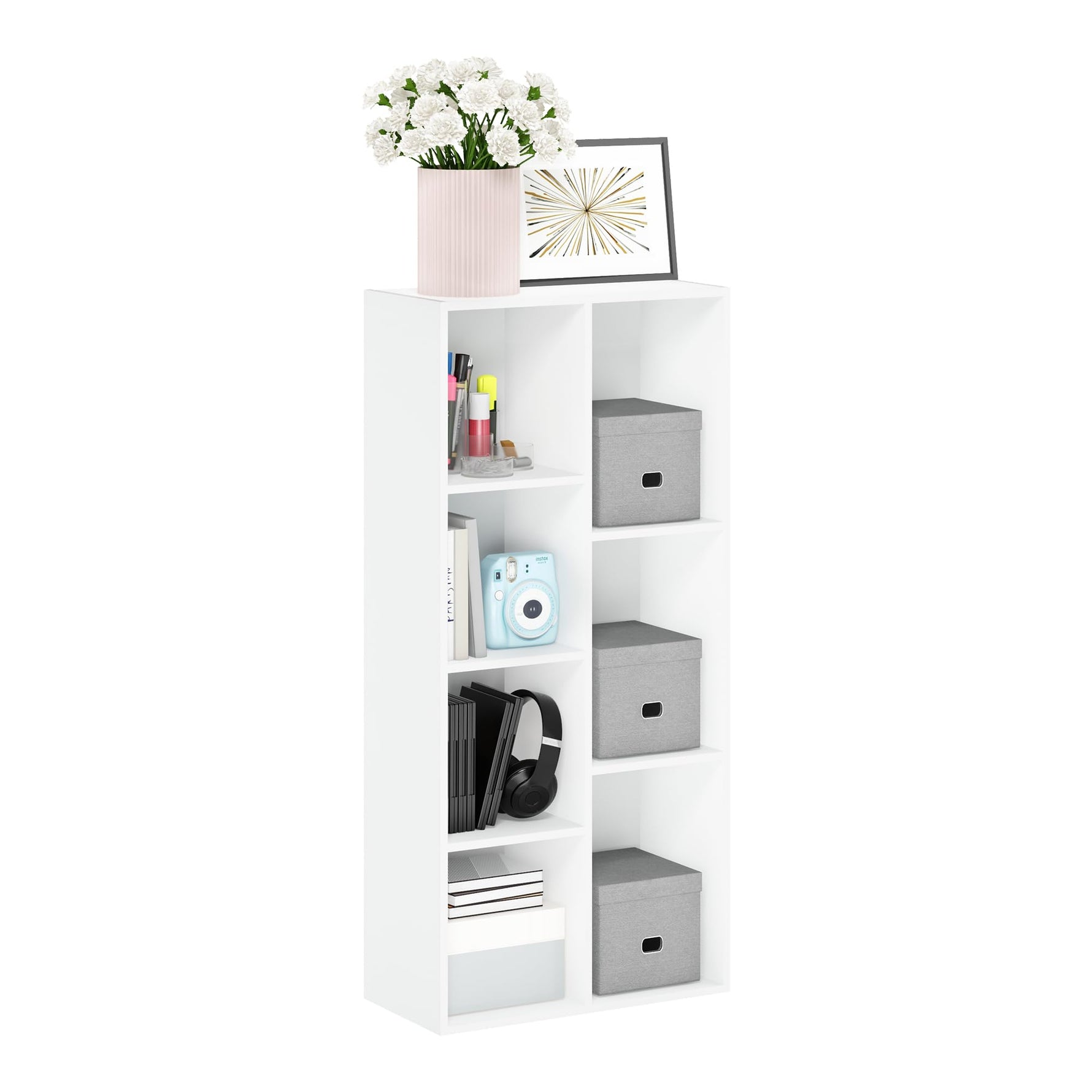 Furinno LUDER Book Shelf, 5-Cube Bookshelf, Reversible Bookcase, 9.4 x 19.5 x 31.5, Easy Assembly, for Living Room, Bedroom, Home Office, White