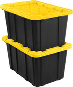 Sterilite Industrial Storage Tote with Lids for Garage, 27 Gallon, 4-Pack | Heavy-Duty and Stackable Utility Box Containers for Home, Office, and Basement Organization, Black/Yellow