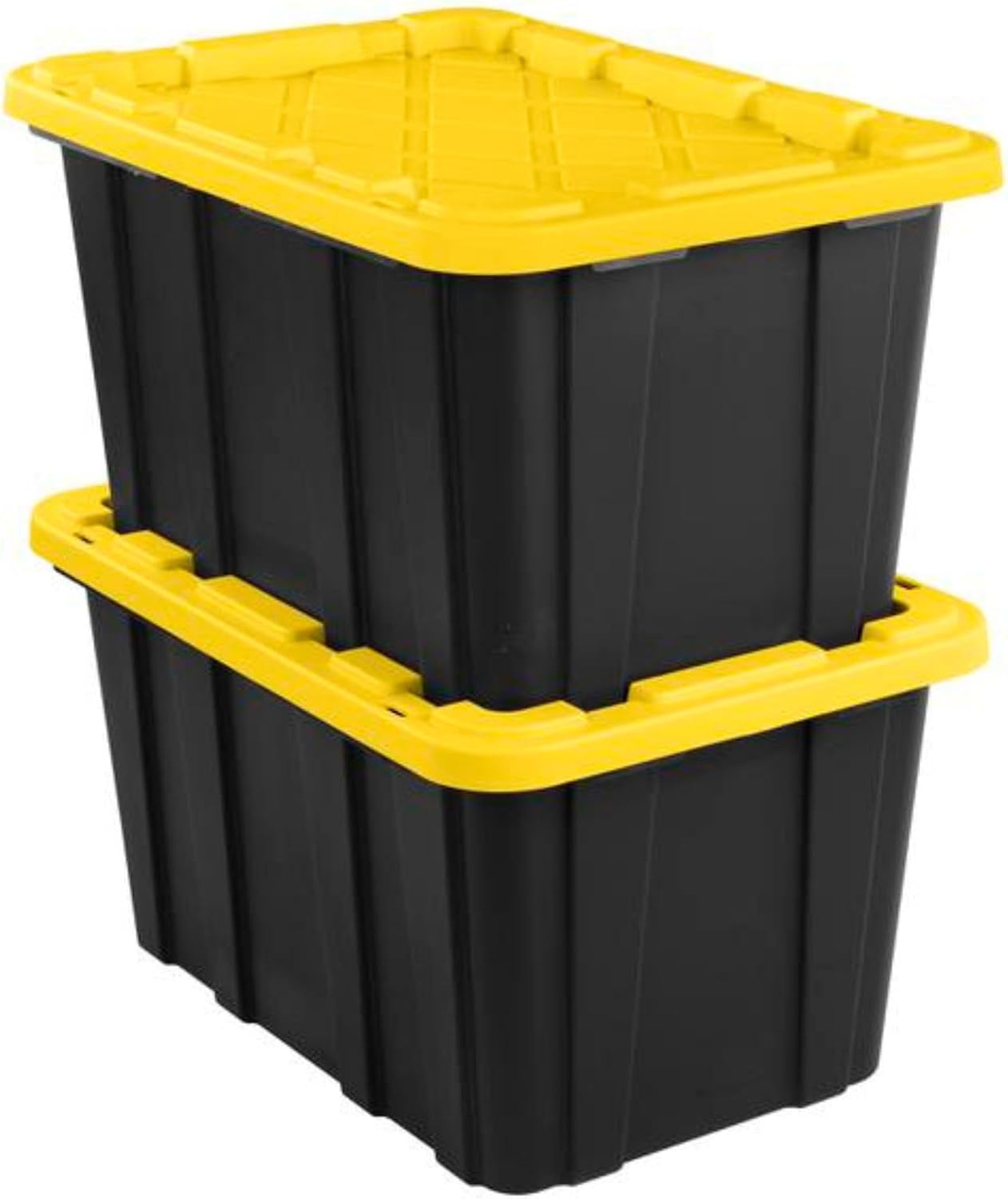Sterilite Industrial Storage Tote with Lids for Garage, 27 Gallon, 4-Pack | Heavy-Duty and Stackable Utility Box Containers for Home, Office, and Basement Organization, Black/Yellow