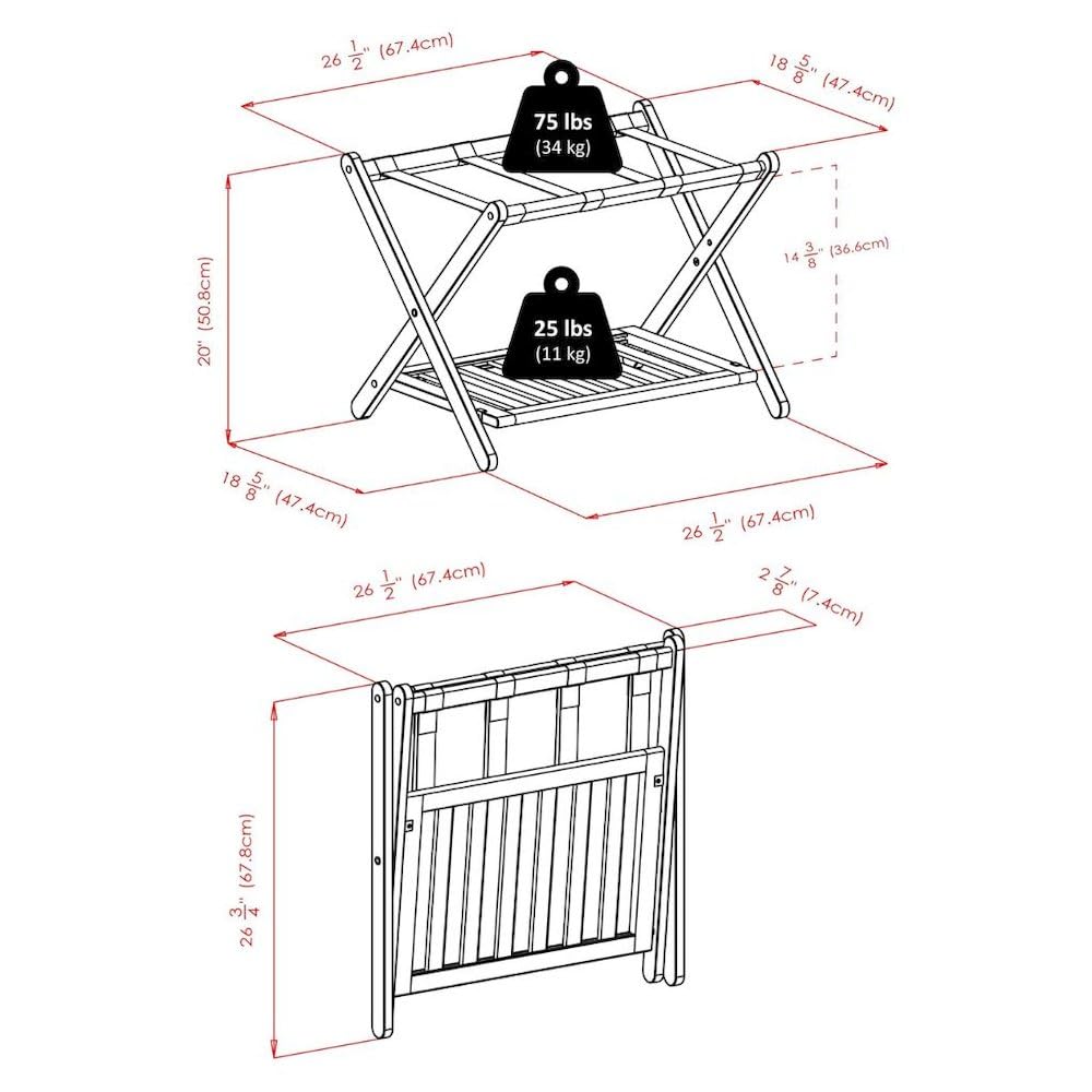 Furnifact Solid Wood Luggage Rack for Guest Room with Foldable Design, Lower Shoe Shelf, Thick Nylon Straps, and Cappuccino Finish, Elegant Suitcase Stand