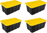 Sterilite Industrial Storage Tote with Lids for Garage, 27 Gallon, 4-Pack | Heavy-Duty and Stackable Utility Box Containers for Home, Office, and Basement Organization, Black/Yellow