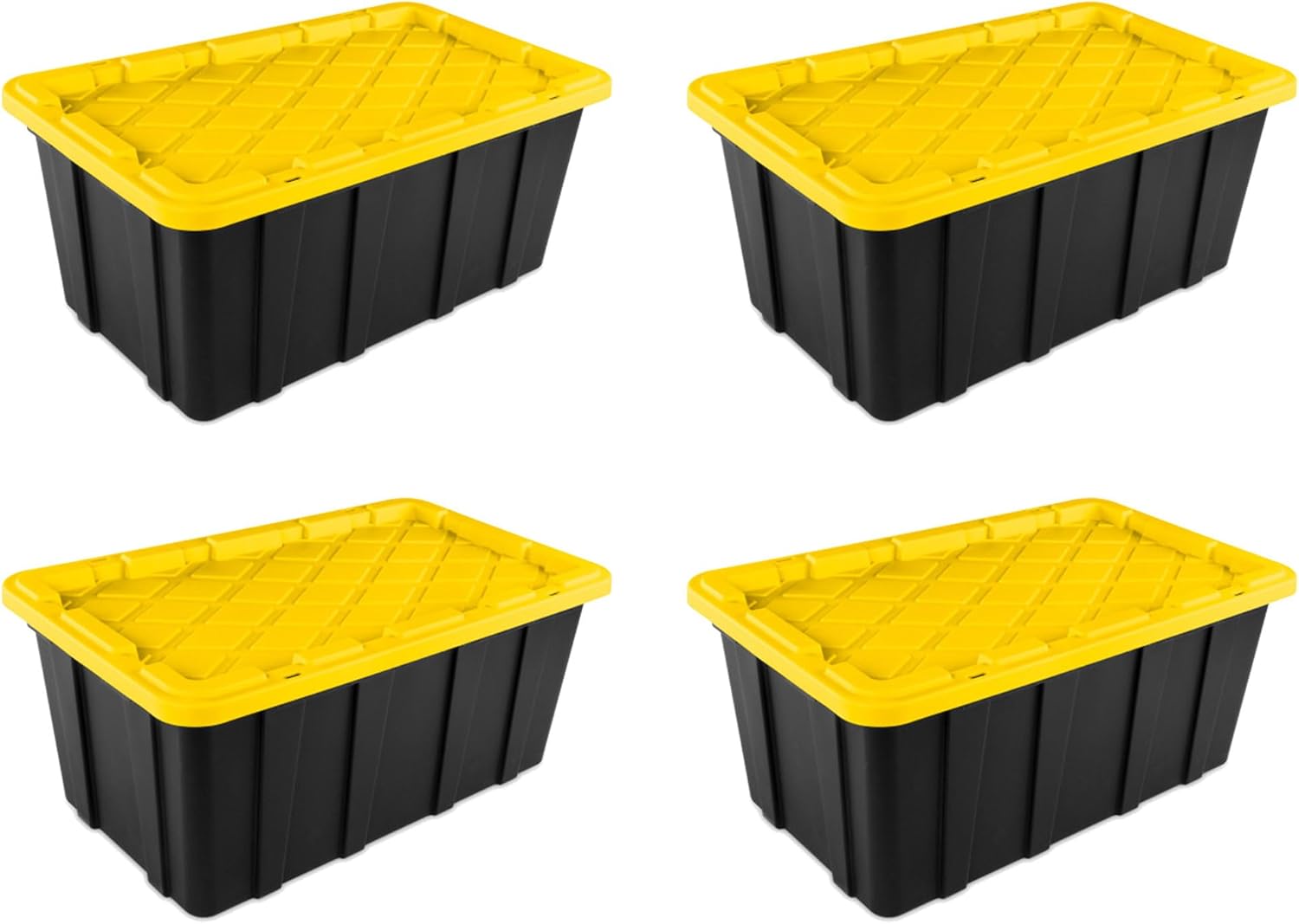Sterilite Industrial Storage Tote with Lids for Garage, 27 Gallon, 4-Pack | Heavy-Duty and Stackable Utility Box Containers for Home, Office, and Basement Organization, Black/Yellow