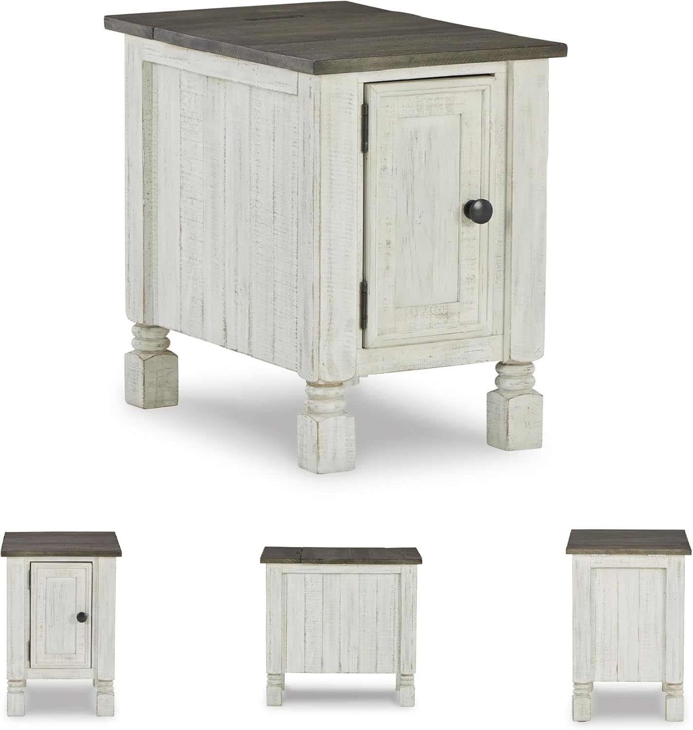 Signature Design by Ashley Havalance Casual Chair Side End Table, Dual USB Charging Port, Fixed Shelf, Pine Wood, 16" W x 24.25" D x 22.88" H, White & Gray