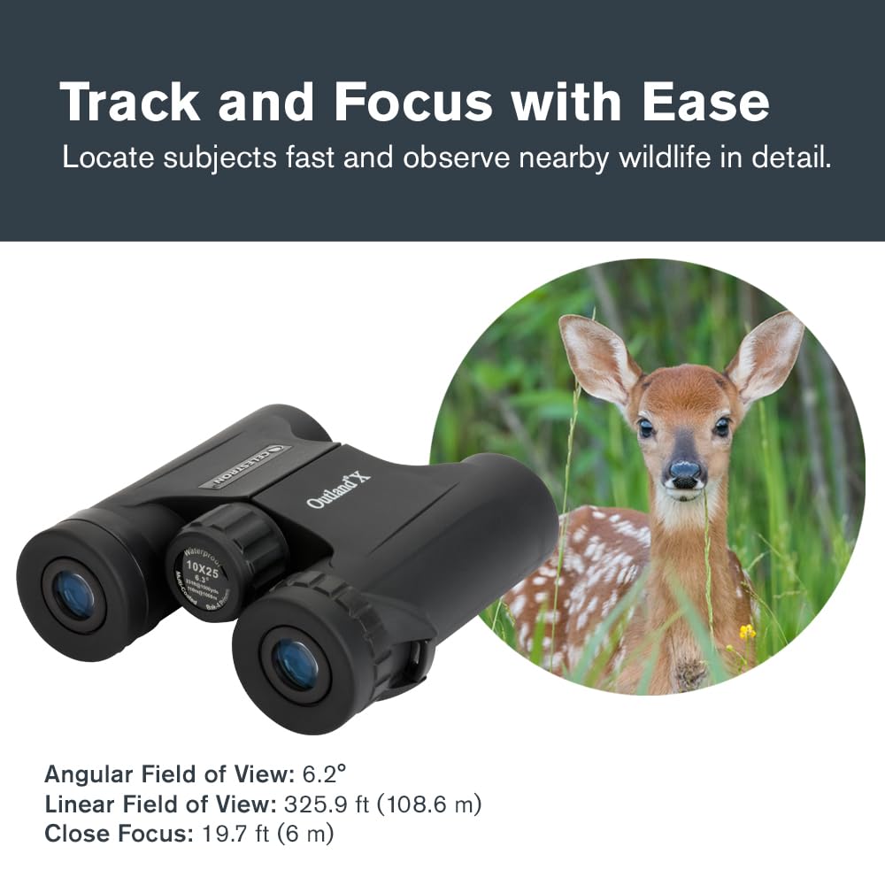 Celestron - Outland X 10x25 Binoculars – Ideal for Birding and Outdoors – 25mm Objective Lenses – 6.2° Field of View – BaK-4 Prisms – Multi-Coated – Waterproof and Fogproof