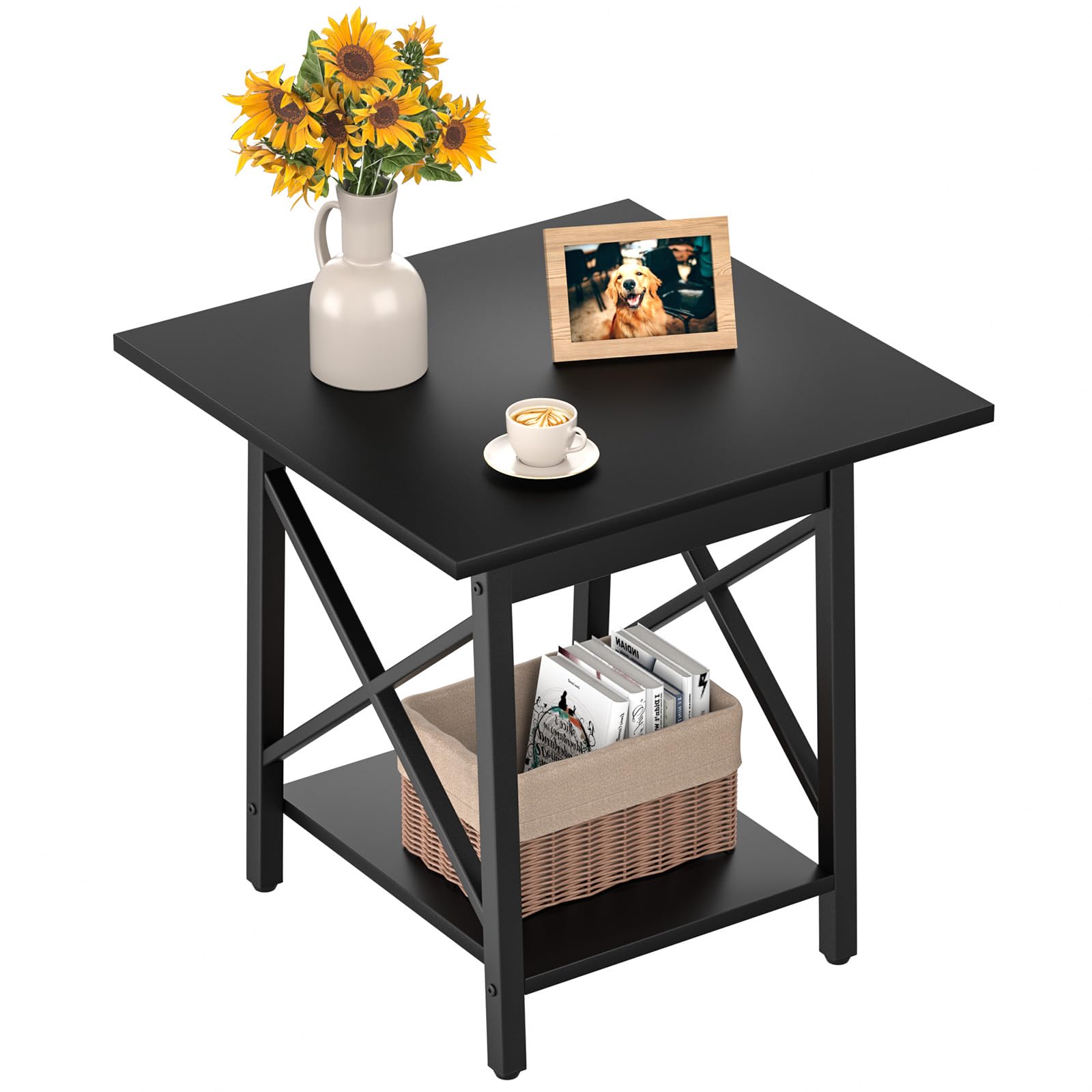 GreenForest End Table 24 inch for Living Room, Large Square Side Tables with X-Frame, Tall Industrial Bedside Nightstand with 2-Tier Storage, Rustic Walnut