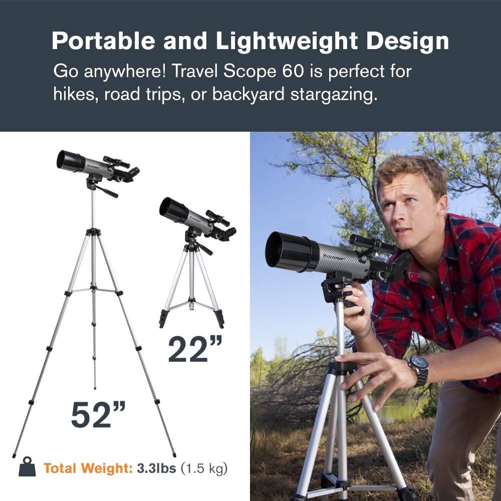 Celestron Travel Scope 70 Portable Refractor Telescope – 70mm Aperture, Fully-Coated Glass Optics – Includes Tripod, Backpack & Software – Ideal for Beginners & Travel