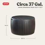 Keter Circa 37 Gallon Deck Box Organizer, Works as Ottoman Chair or Side Table, Brown – Large Resin Round Outdoor Storage and Seating for Garden, Pool, and Patio