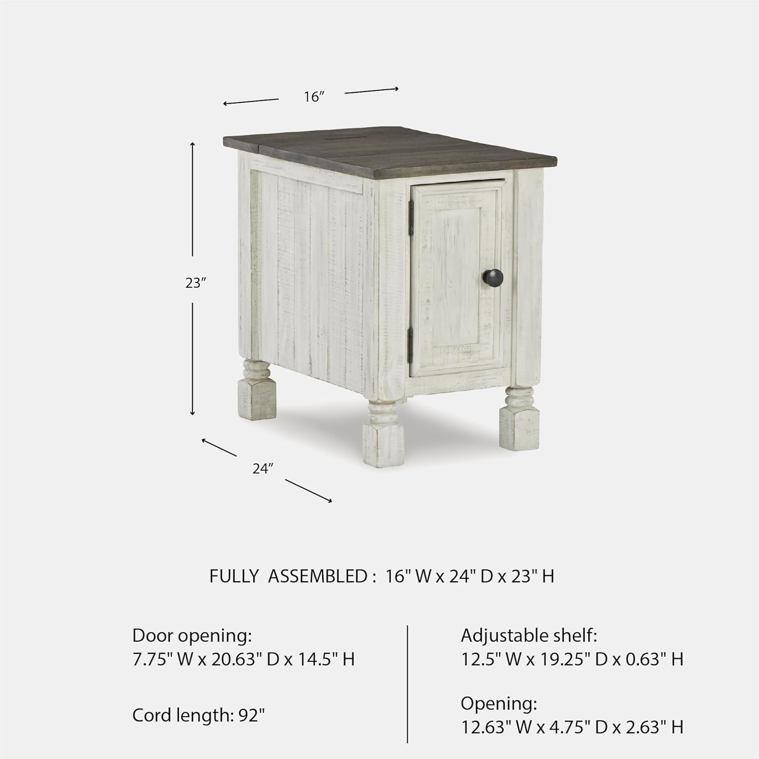 Signature Design by Ashley Havalance Casual Chair Side End Table, Dual USB Charging Port, Fixed Shelf, Pine Wood, 16" W x 24.25" D x 22.88" H, White & Gray