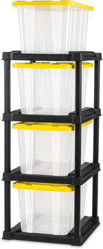 Sterilite Industrial Storage Tote with Lids for Garage, 27 Gallon, 4-Pack | Heavy-Duty and Stackable Utility Box Containers for Home, Office, and Basement Organization, Black/Yellow