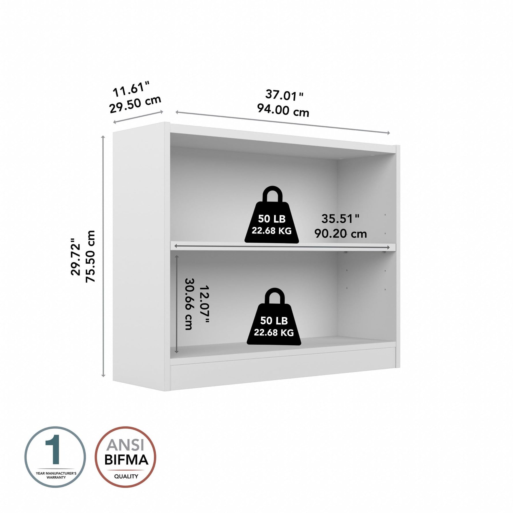 Bush Home Universal Small 2 Shelf Bookcase in Black, Low Storage and Display Bookshelf for Home Office or Living Room Organization