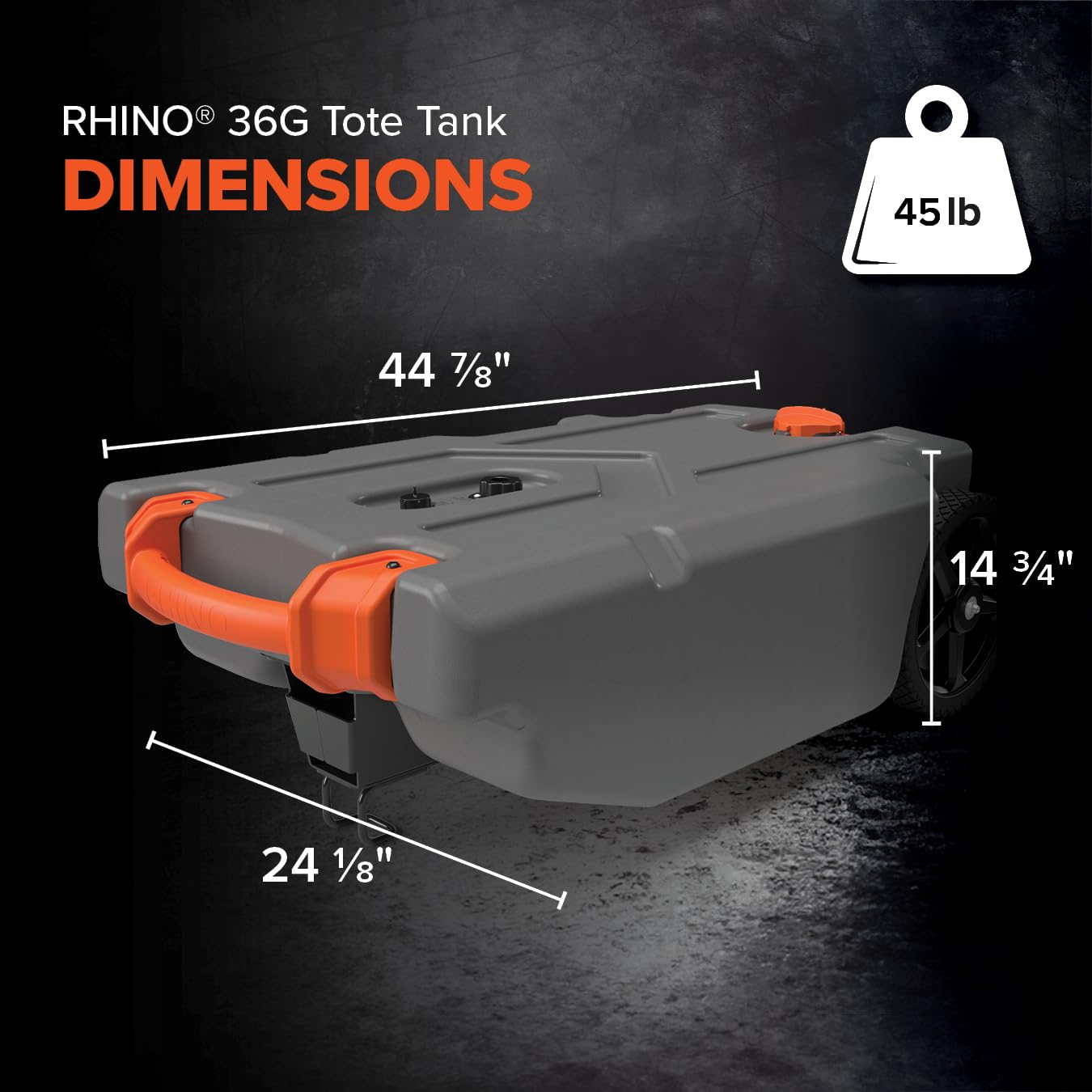 Camco Rhino 36-Gallon RV Tote Tank - Features Large Heavy-Duty No-Flat Wheels & Built-in Gate Valve - Removable Steel Tow Adapter, 3’ Sewer Hose & More RV Accessories (39006)