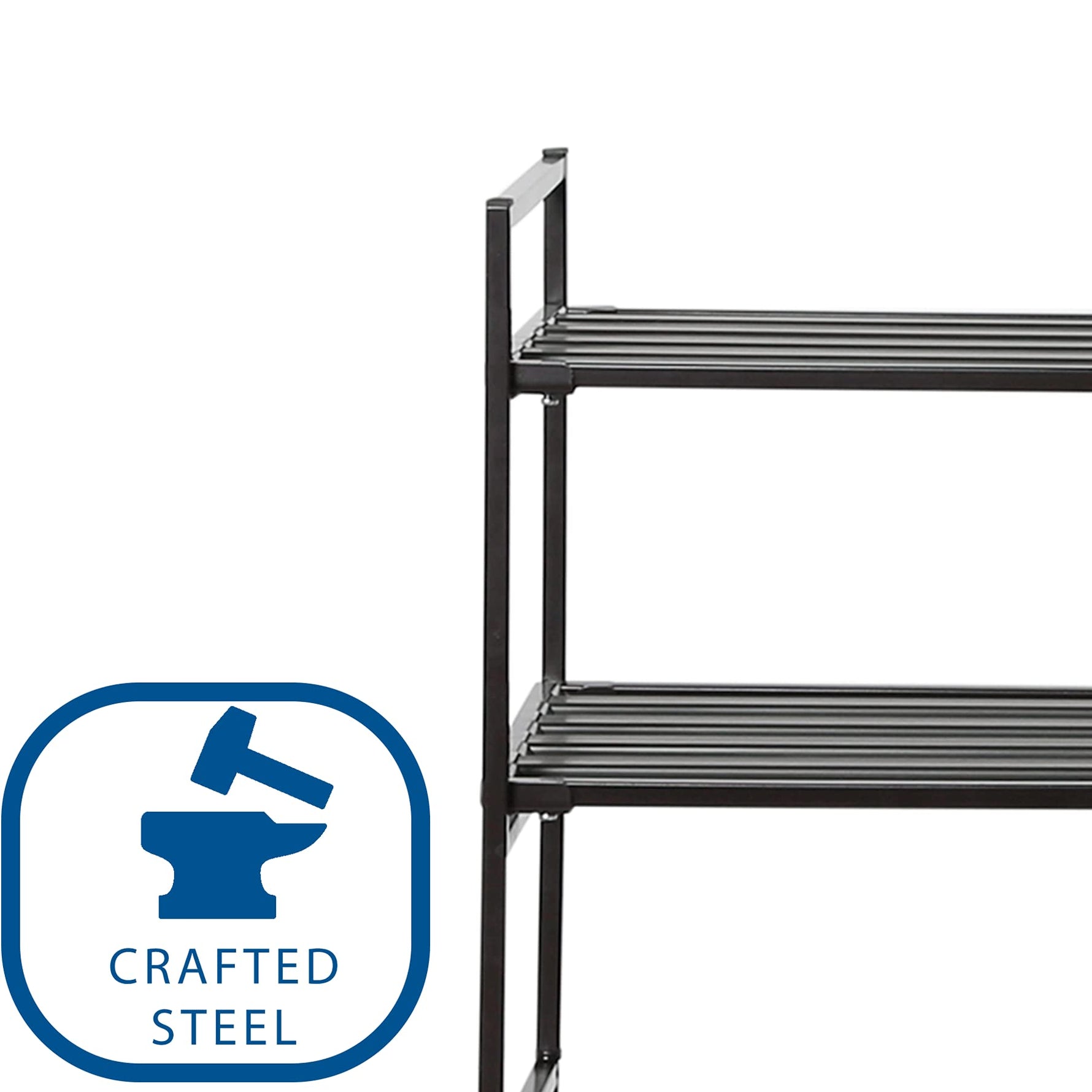 3-Tier Stackable 1" Slat Steel Frame Shoe Rack, 27.25"W x 12.75"D, Espresso | Interlocking modular design maximizes storage while the sturdy steel frame holds up to 12 pairs of shoes (Patented Design)