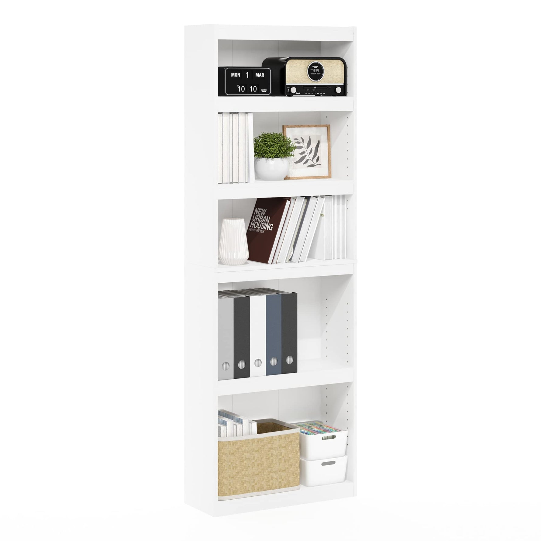 Furinno Jaya Book Shelf, 5-Tier Bookshelf, Bookcase with Adjustable Shelves, 9.5 x 24.5 x 71.2, for Organization and Storage, for Living Room, Bedroom, Home Office, Blackwood
