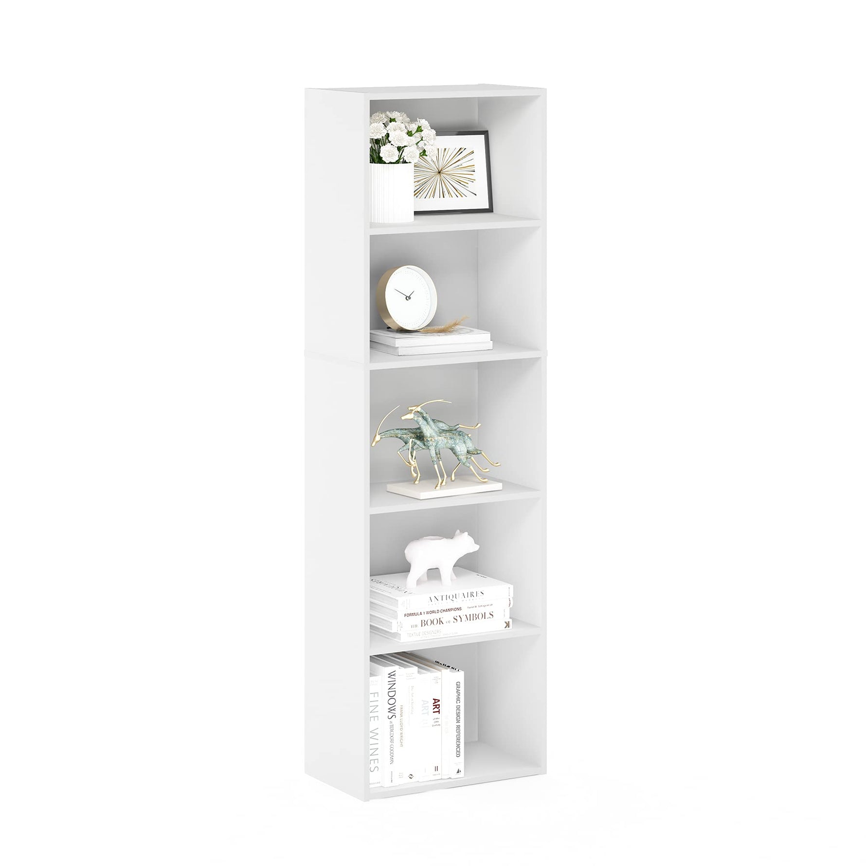 Furinno LUDER Book Shelf, 5-Cube Bookshelf, Reversible Bookcase, 9.4 x 19.5 x 31.5, Easy Assembly, for Living Room, Bedroom, Home Office, White