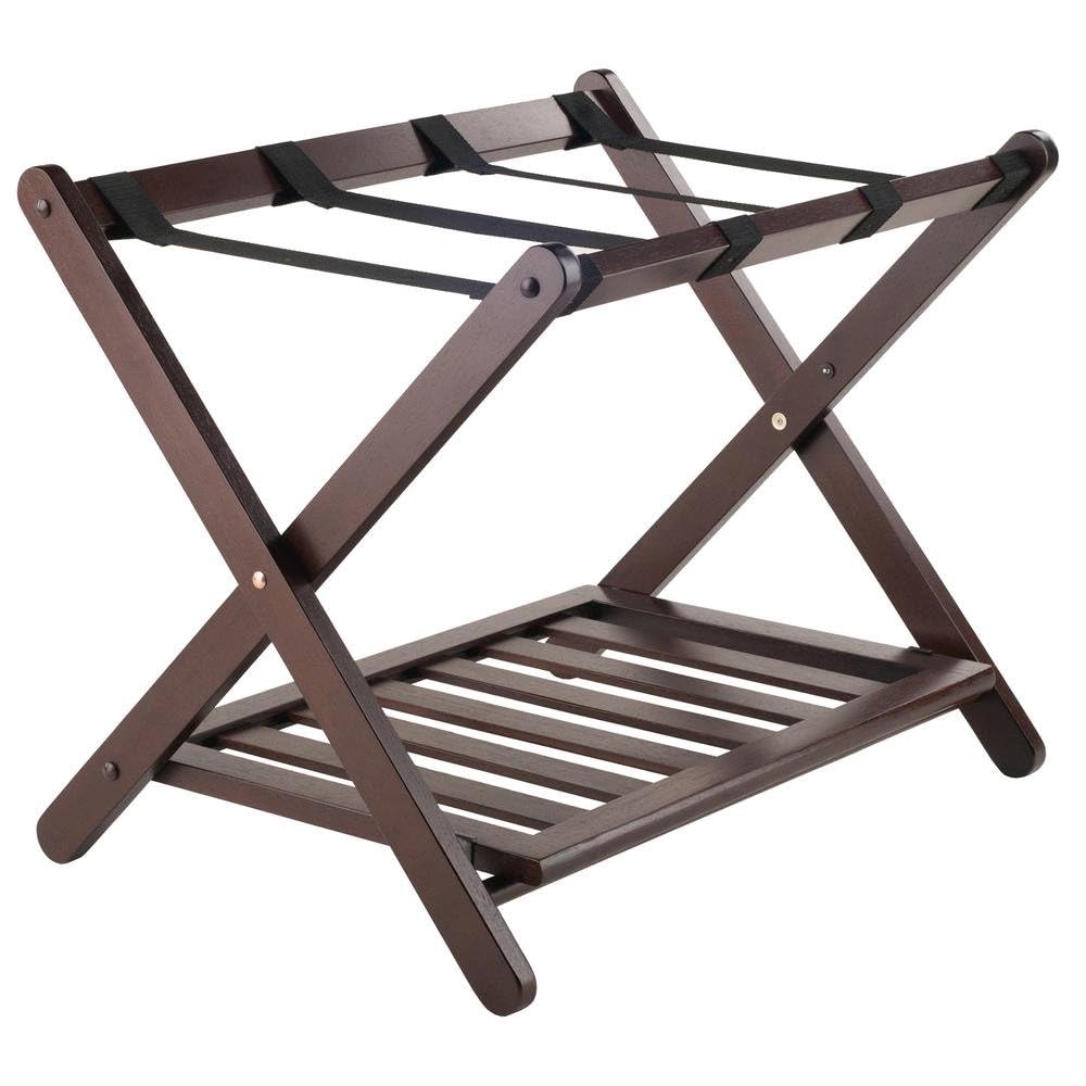 Furnifact Solid Wood Luggage Rack for Guest Room with Foldable Design, Lower Shoe Shelf, Thick Nylon Straps, and Cappuccino Finish, Elegant Suitcase Stand