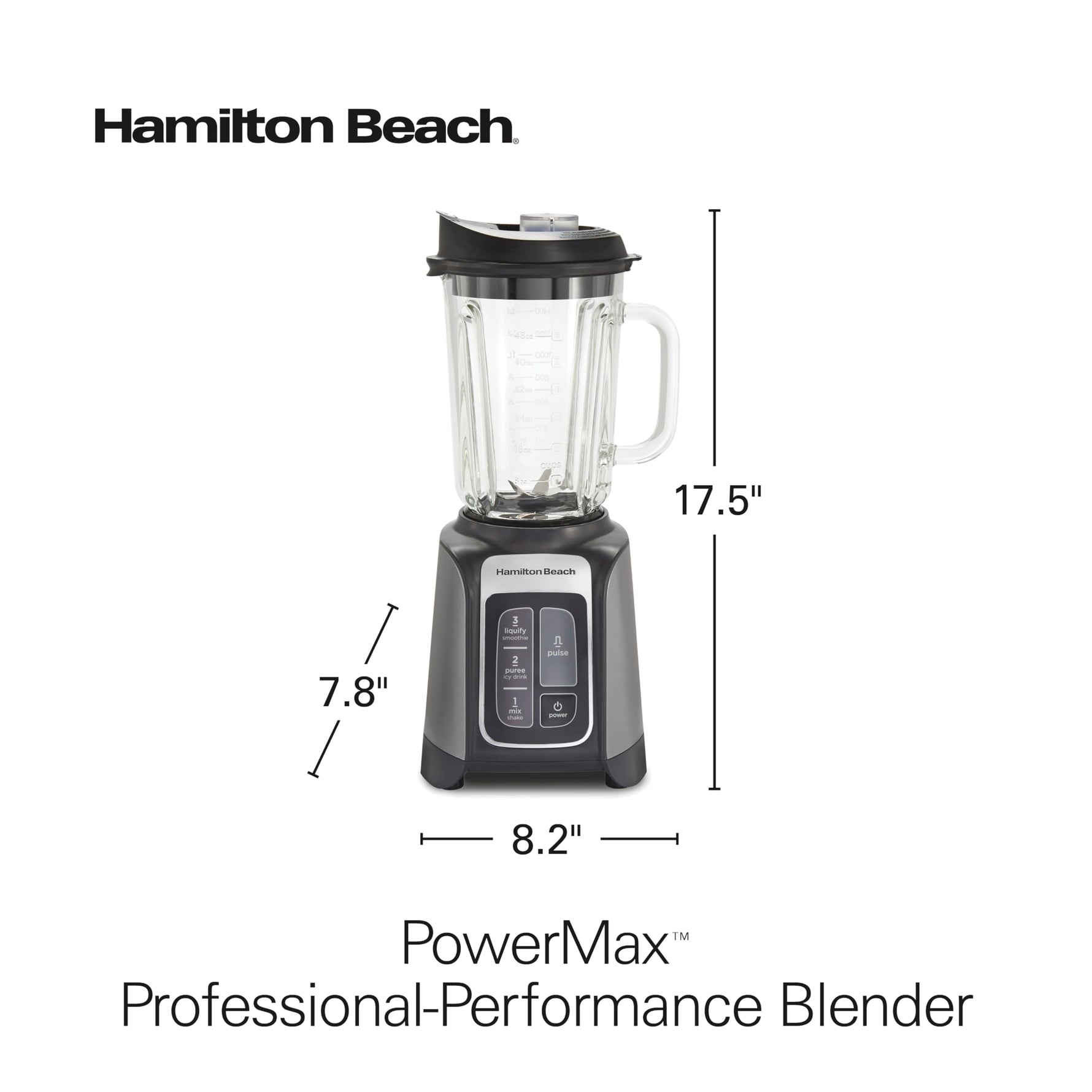 Hamilton Beach PowerMax Professional-Performance Blender for Shakes and Smoothies, Puree and Ice Crush, 48oz BPA-Free Glass Jar, 1680 Peak Watts, Stainless Steel Blades, Silver (58600J)