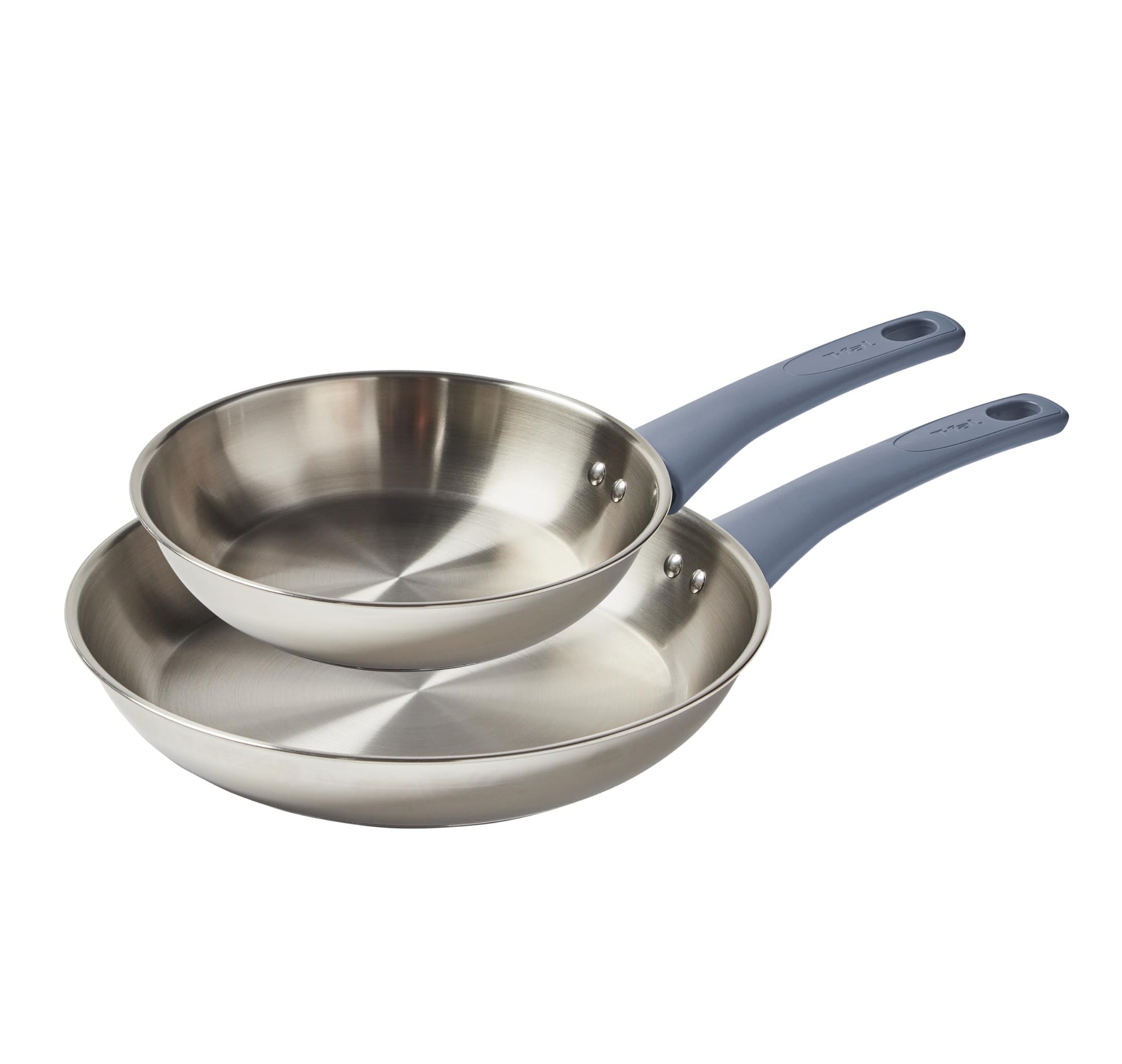T-fal Essentials Stainless Steel Cookware Set, 2-Piece 8" and 10.5", Induction Compatible, Oven Safe 350F, Pots and Pans Set, Cooking Skillets, Cookware, Kitchen Frying Pans, Silver/Blue
