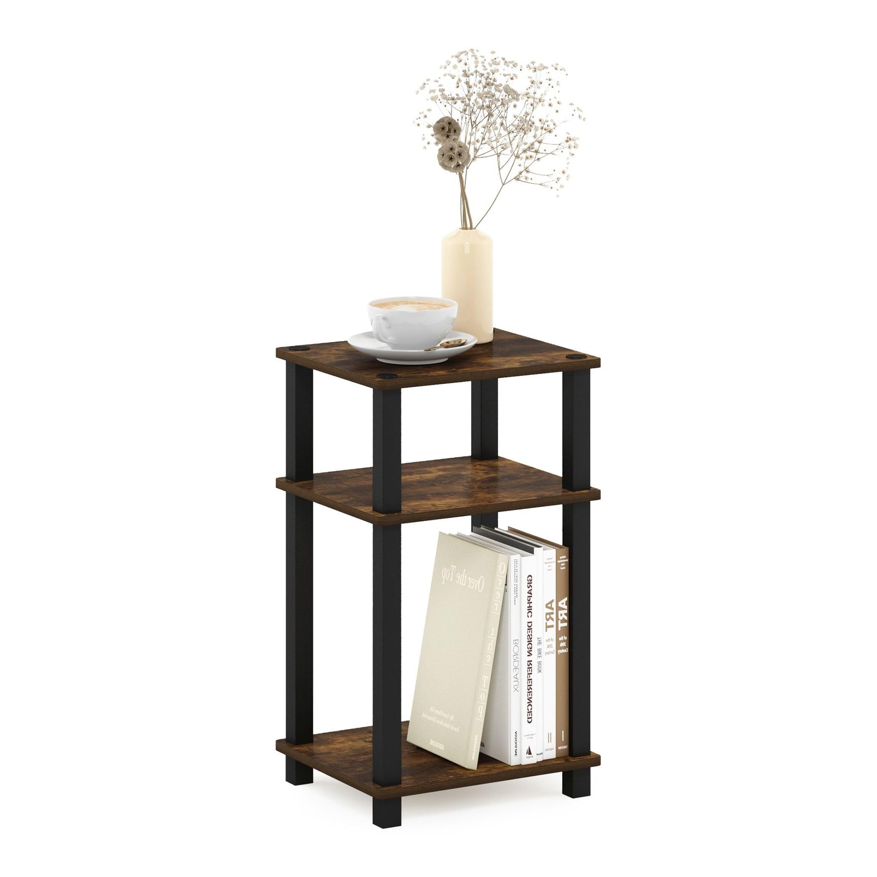 Furinno JUST Side Table, 3-Tier End Table, Open Shelves Night Stand, Bedside Table, Toolless Assembly, for Living Room, Bedroom, Bathroom, Columbia Walnut