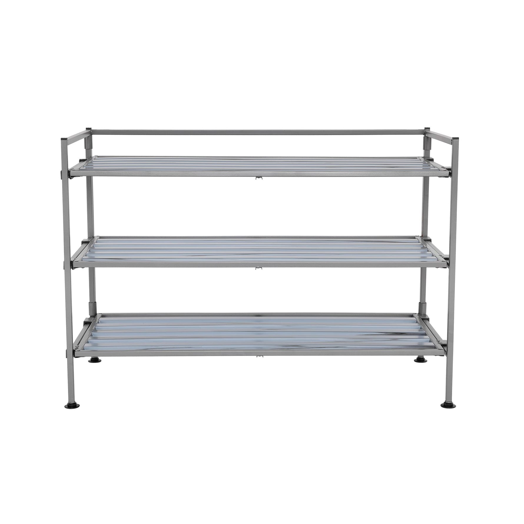 3-Tier Stackable 1" Slat Steel Frame Shoe Rack, 27.25"W x 12.75"D, Espresso | Interlocking modular design maximizes storage while the sturdy steel frame holds up to 12 pairs of shoes (Patented Design)