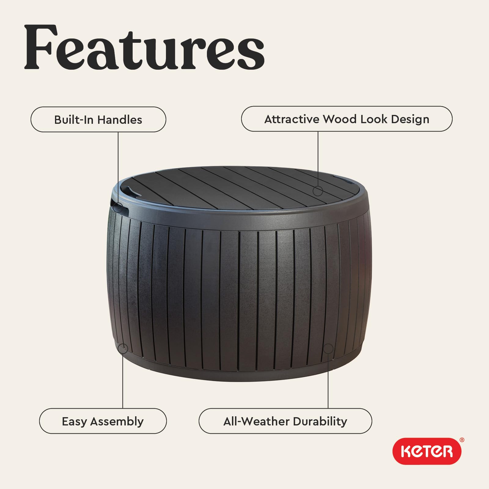 Keter Circa 37 Gallon Deck Box Organizer, Works as Ottoman Chair or Side Table, Brown – Large Resin Round Outdoor Storage and Seating for Garden, Pool, and Patio