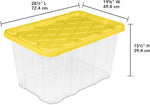Sterilite Industrial Storage Tote with Lids for Garage, 27 Gallon, 4-Pack | Heavy-Duty and Stackable Utility Box Containers for Home, Office, and Basement Organization, Black/Yellow